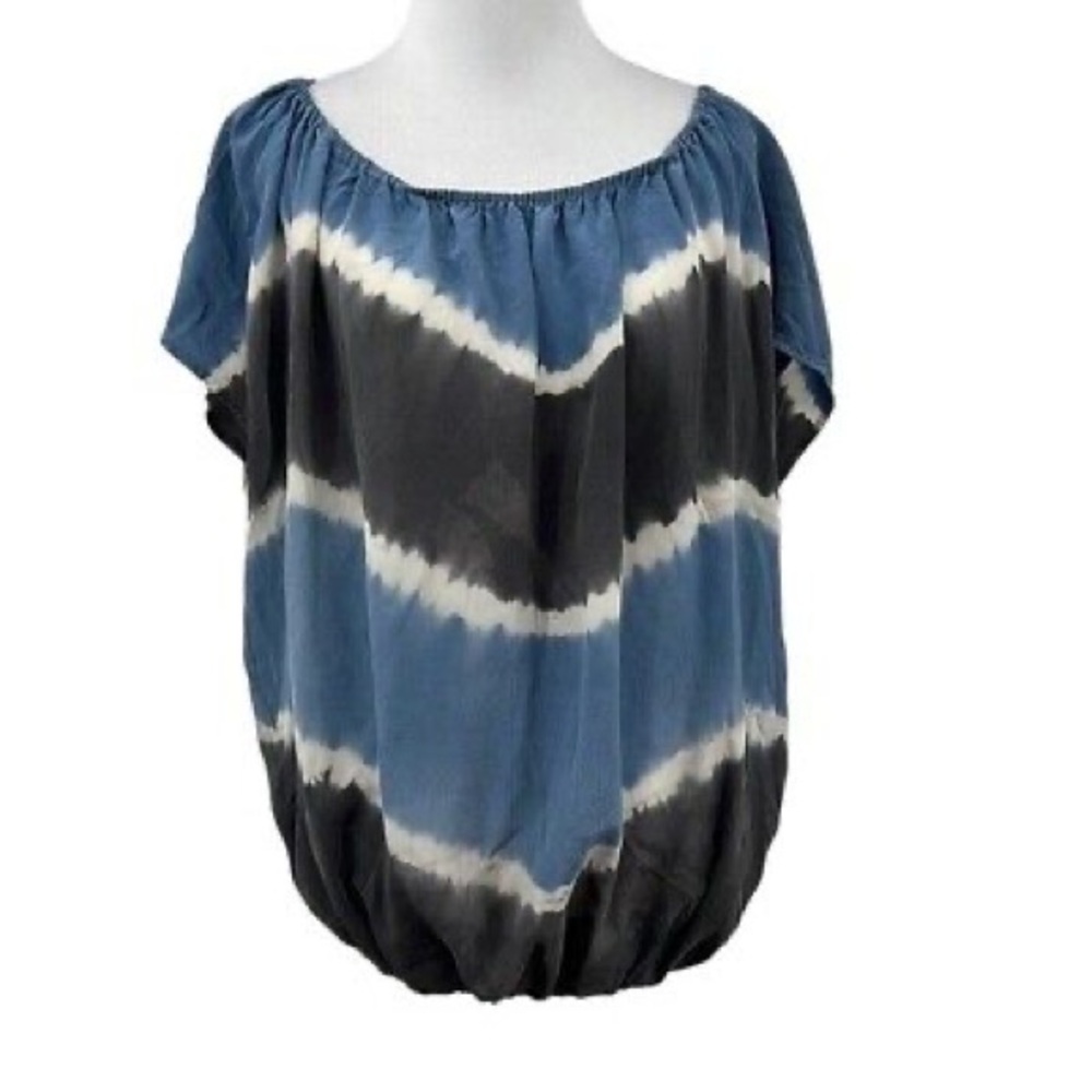 Joie Blue Black Short Sleeve Striped Silk Blouse Womens S Tie Dye Elastic Waist